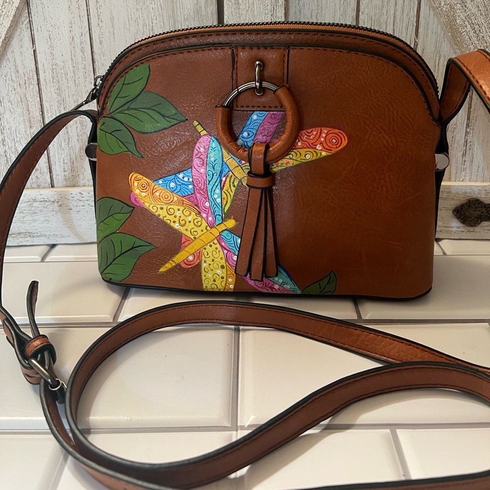 Sam & Libby Brown Crossbody Bag with Colorful Leaf Design
